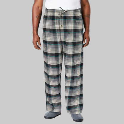 Grey blue plaid flannel pajama pants with elastic waistband, drawstring, and side pockets — soft 100% cotton lounge wear.