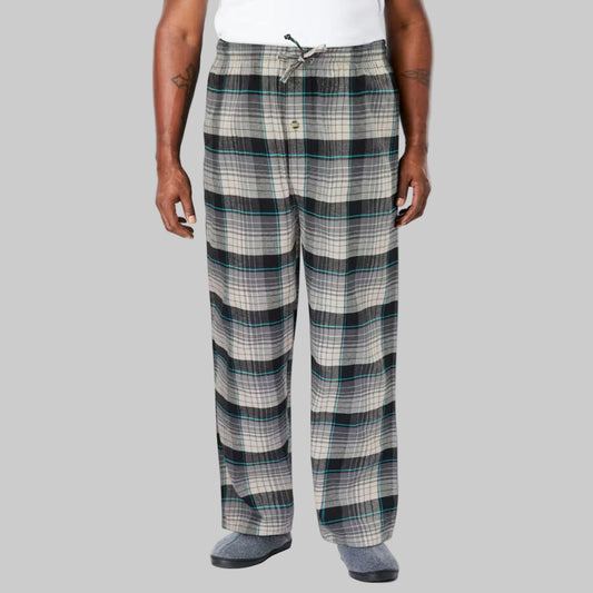 Grey blue plaid flannel pajama pants with elastic waistband, drawstring, and side pockets — soft 100% cotton lounge wear.