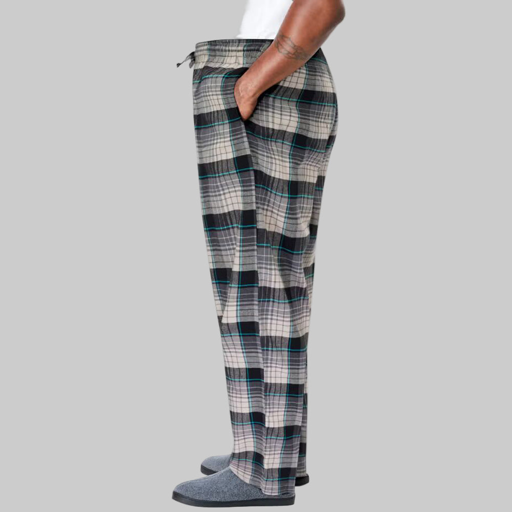 Grey blue plaid flannel pajama pants with elastic waistband, drawstring, and side pockets — soft 100% cotton lounge wear.
