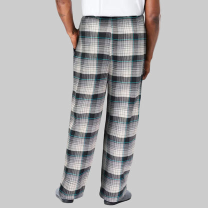 Grey blue plaid flannel pajama pants with elastic waistband, drawstring, and side pockets — soft 100% cotton lounge wear.