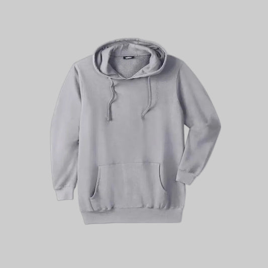 Grey fleece pullover hoodie with big and tall fit, front pouch pocket, ribbed cuffs, and adjustable drawstring hood on a plain background.