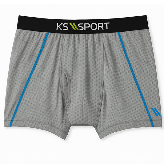Grey Mesh Performance Boxer Briefs with Blue Piping and Breathable Panels