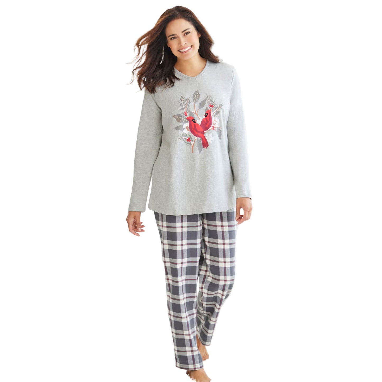 Women’s grey plaid cozy pajama set with soft jersey top and flannel pants featuring elastic waistband and side pockets, made from pure cotton.