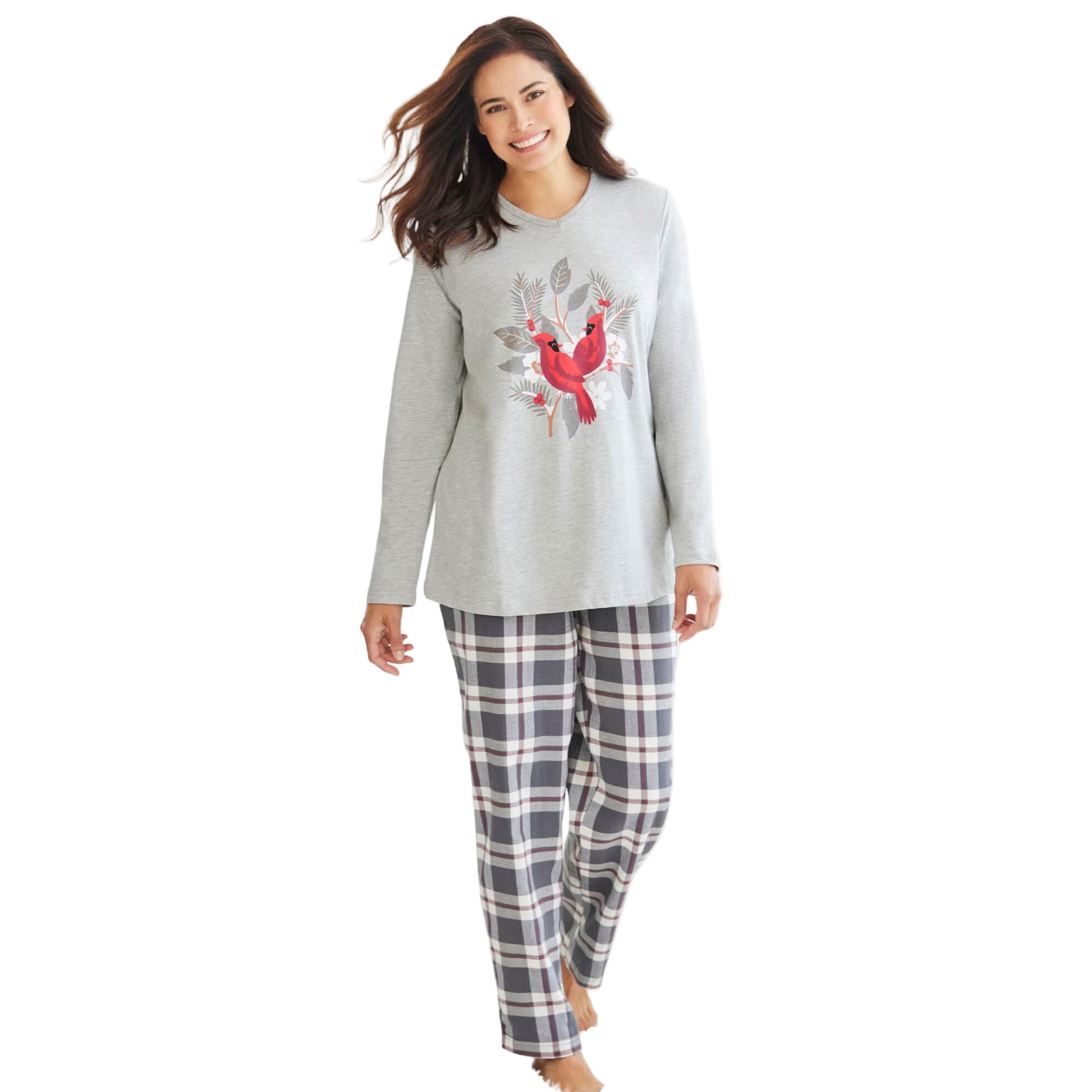 Women’s grey plaid cozy pajama set with soft jersey top and flannel pants featuring elastic waistband and side pockets, made from pure cotton.