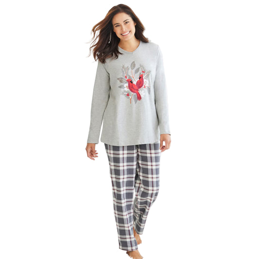 Women’s grey plaid cozy pajama set with soft jersey top and flannel pants featuring elastic waistband and side pockets, made from pure cotton.