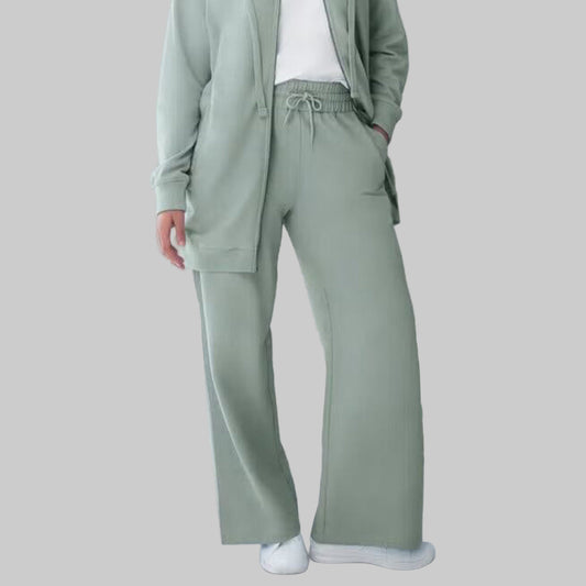 Grey Spruce French Terry Wide-Leg Pants with elastic waistband, drawstring, and front pockets — full-length relaxed fit lounge pants for women.