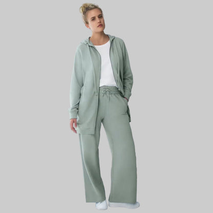 Grey Spruce French Terry Wide-Leg Pants with elastic waistband, drawstring, and front pockets — full-length relaxed fit lounge pants for women.