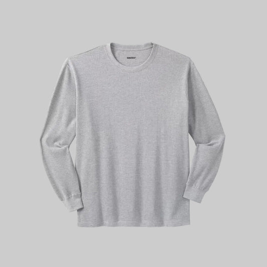 Heather grey big and tall waffle-knit thermal crewneck shirt with relaxed fit and ribbed cuffs
