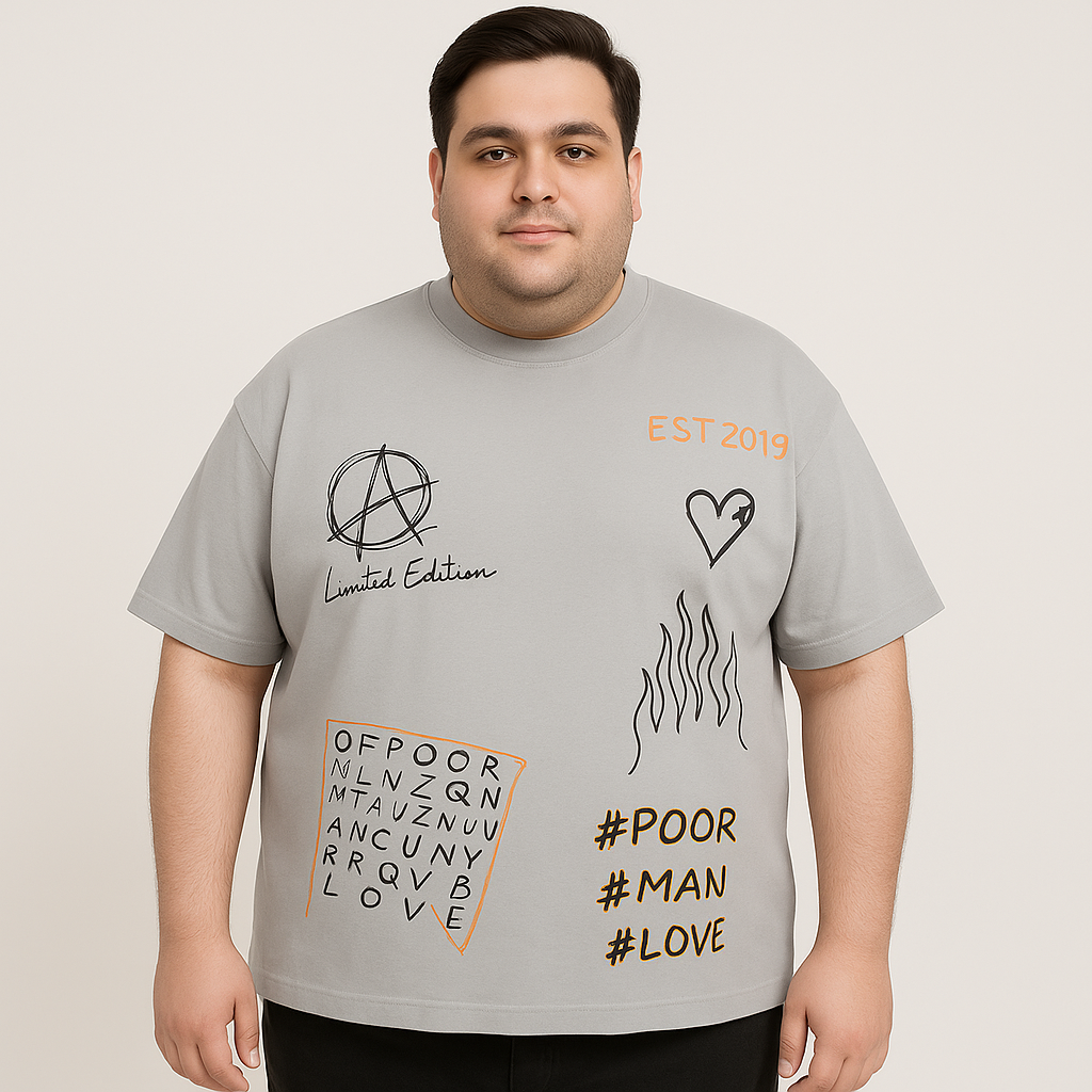 Plus Size Oversized Graffiti Style T-Shirt with Extended Crew Neck