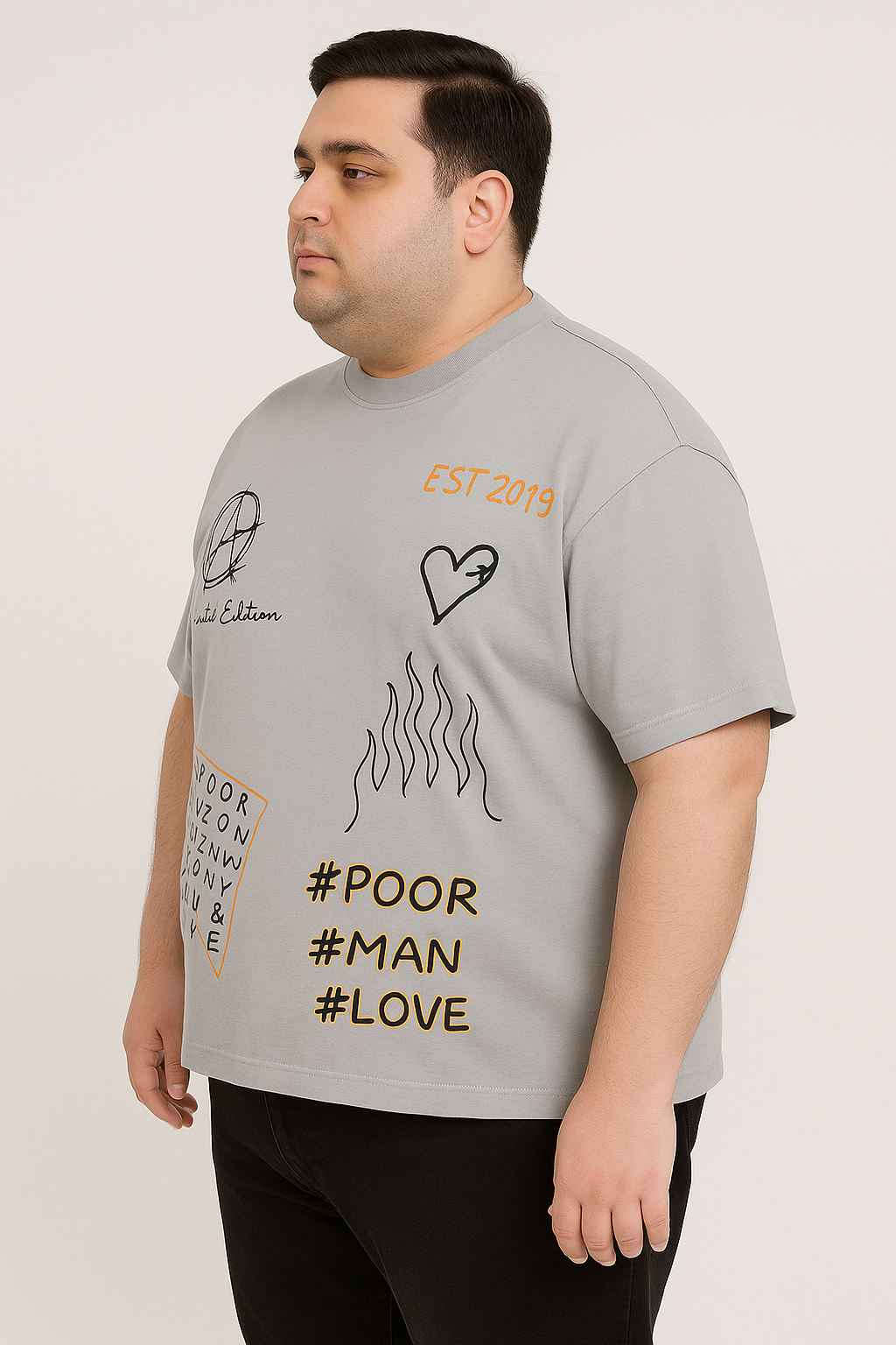 Plus Size Oversized Graffiti Style T-Shirt with Extended Crew Neck