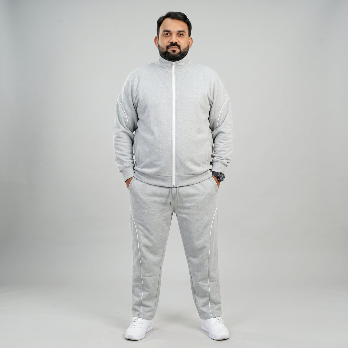 Light grey and white contrast tracksuit set in scuba fabric for men