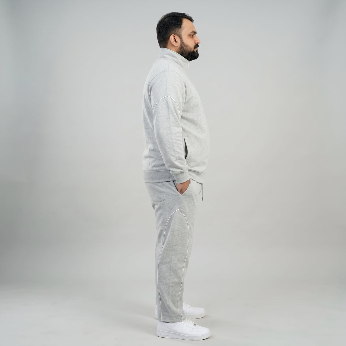 Light Grey & White Contrast Tracksuit Set for Men, Scuba Fabric