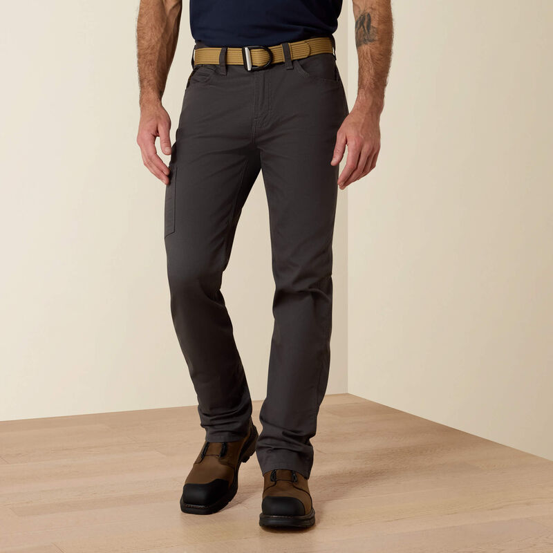 Plus-size male model wearing Grey DuraStretch Straight Pants, slim fit with straight leg, durable stretch canvas, and utility details for work use.