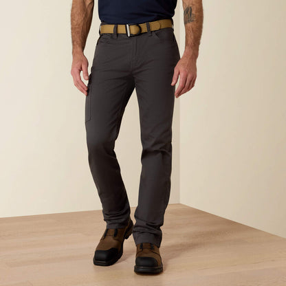Plus-size male model wearing Grey DuraStretch Straight Pants, slim fit with straight leg, durable stretch canvas, and utility details for work use.
