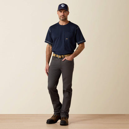Plus-size male model wearing Grey DuraStretch Straight Pants, slim fit with straight leg, durable stretch canvas, and utility details for work use.
