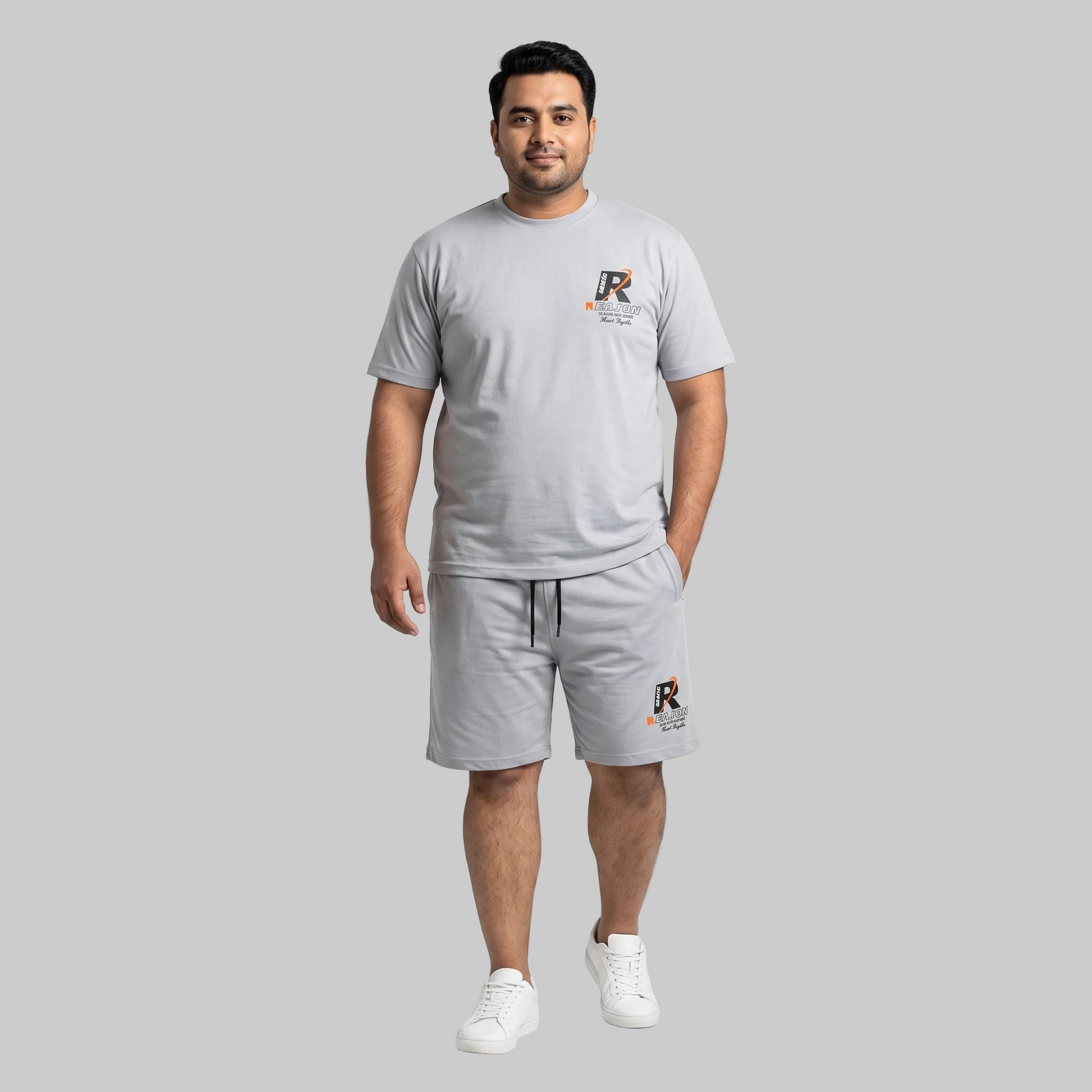 Men's Grey Galactic Reason Graphic Interlock T-Shirt and Shorts Co-Ord Set with front chest print and bold back graphic. 