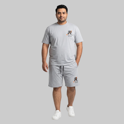 Men's Grey Galactic Reason Graphic Interlock T-Shirt and Shorts Co-Ord Set with front chest print and bold back graphic. 