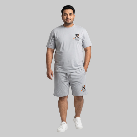Men's Grey Galactic Reason Graphic Interlock T-Shirt and Shorts Co-Ord Set with front chest print and bold back graphic. 
