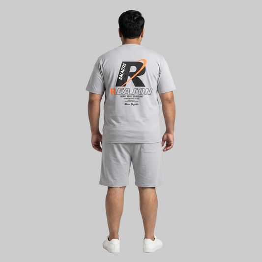 Men's Grey Galactic Reason Graphic Interlock T-Shirt and Shorts Co-Ord Set with front chest print and bold back graphic.
