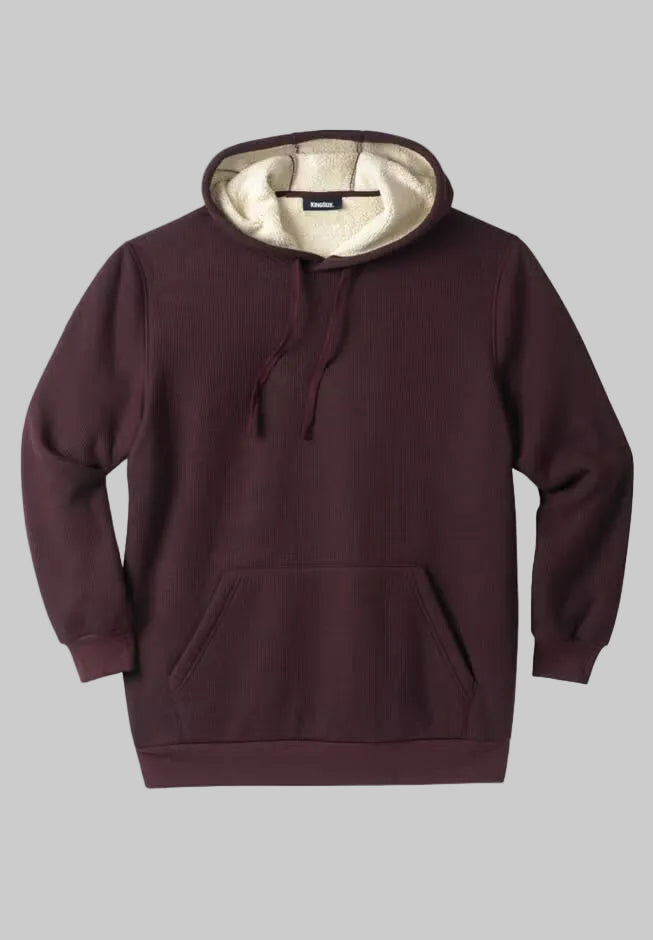 Heather Bordeaux sherpa-lined pullover hoodie for big and tall men with drawstring hood, kangaroo pocket, ribbed cuffs and hem, warm waffle-knit fabric.