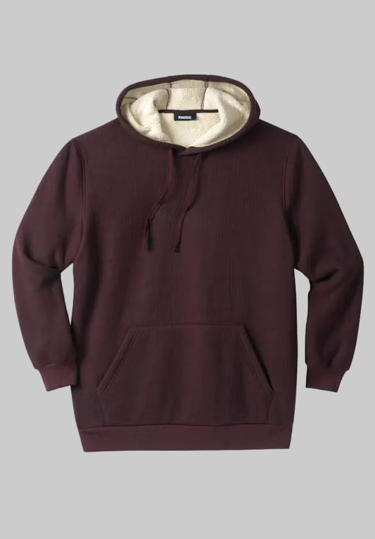 Heather Bordeaux sherpa-lined pullover hoodie for big and tall men with drawstring hood, kangaroo pocket, ribbed cuffs and hem, warm waffle-knit fabric.