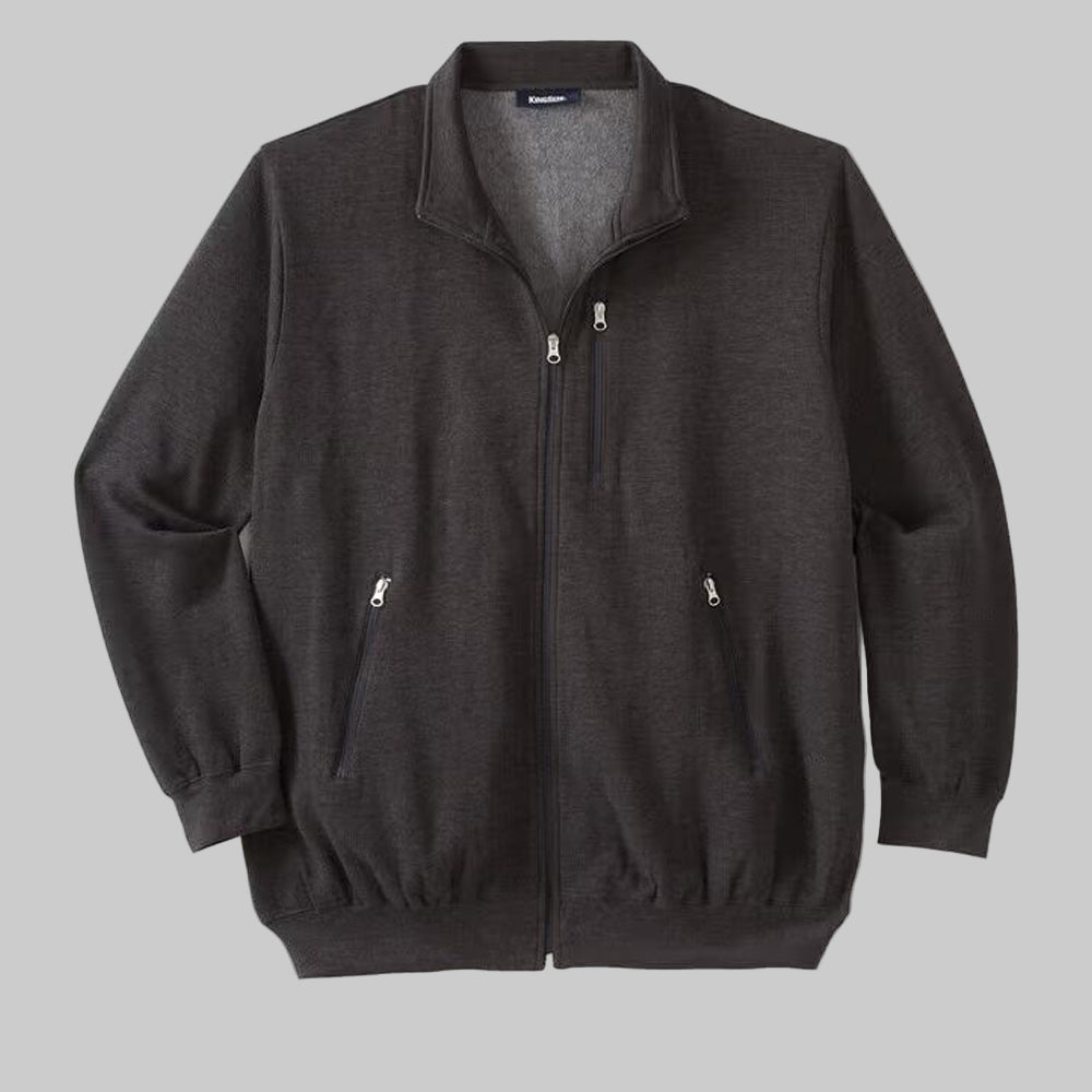 Heather charcoal full-zip fleece jacket with rib-knit cuffs, chest zipper pocket, and soft fleece lining — lightweight cool-weather layer.