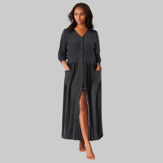 Women’s Heather Charcoal long knit lounger with snap-front closure, long sleeves, and patch pockets.