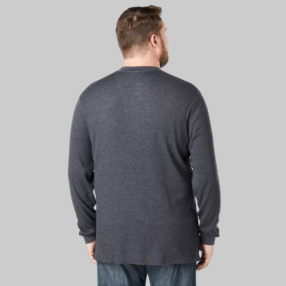 Model wearing heather charcoal waffle-knit thermal Henley tee with five-button placket and ribbed cuffs on plain white background.