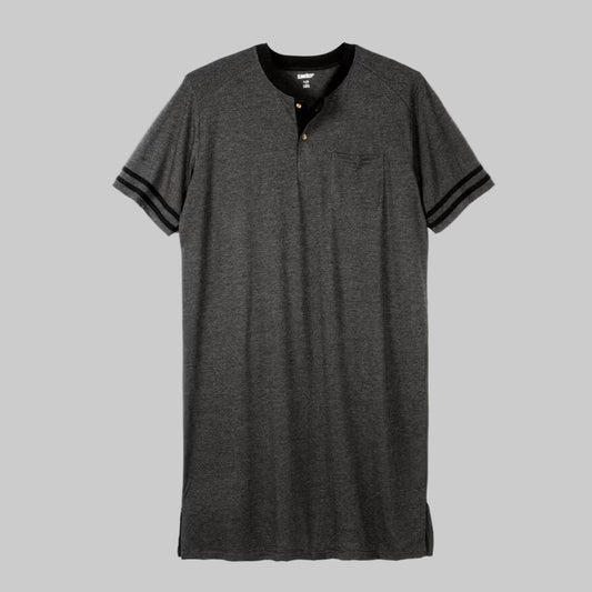 Heather Charcoal Short Sleeve Henley Nightshirt with contrast collar, striped sleeves, and chest pocket.