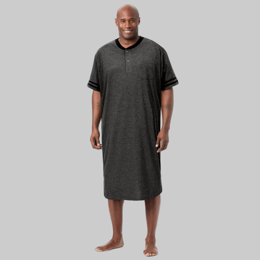Heather Charcoal Short Sleeve Henley Nightshirt with contrast collar, striped sleeves, and chest pocket.