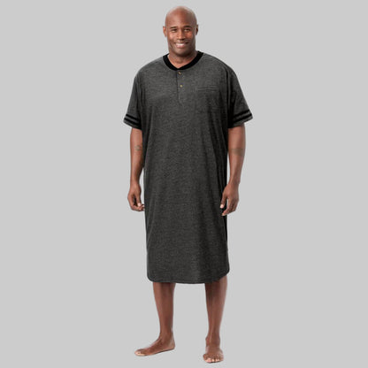 Heather Charcoal Short Sleeve Henley Nightshirt with contrast collar, striped sleeves, and chest pocket.
