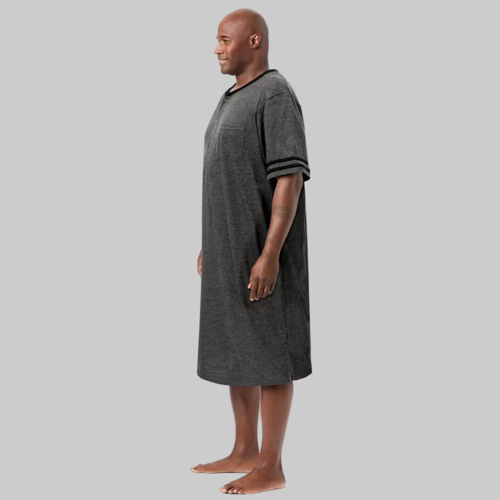 Heather Charcoal Short Sleeve Henley Nightshirt with contrast collar, striped sleeves, and chest pocket.