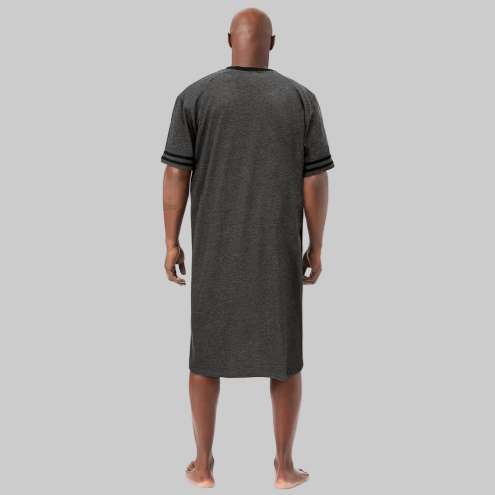 Heather Charcoal Short Sleeve Henley Nightshirt with contrast collar, striped sleeves, and chest pocket.