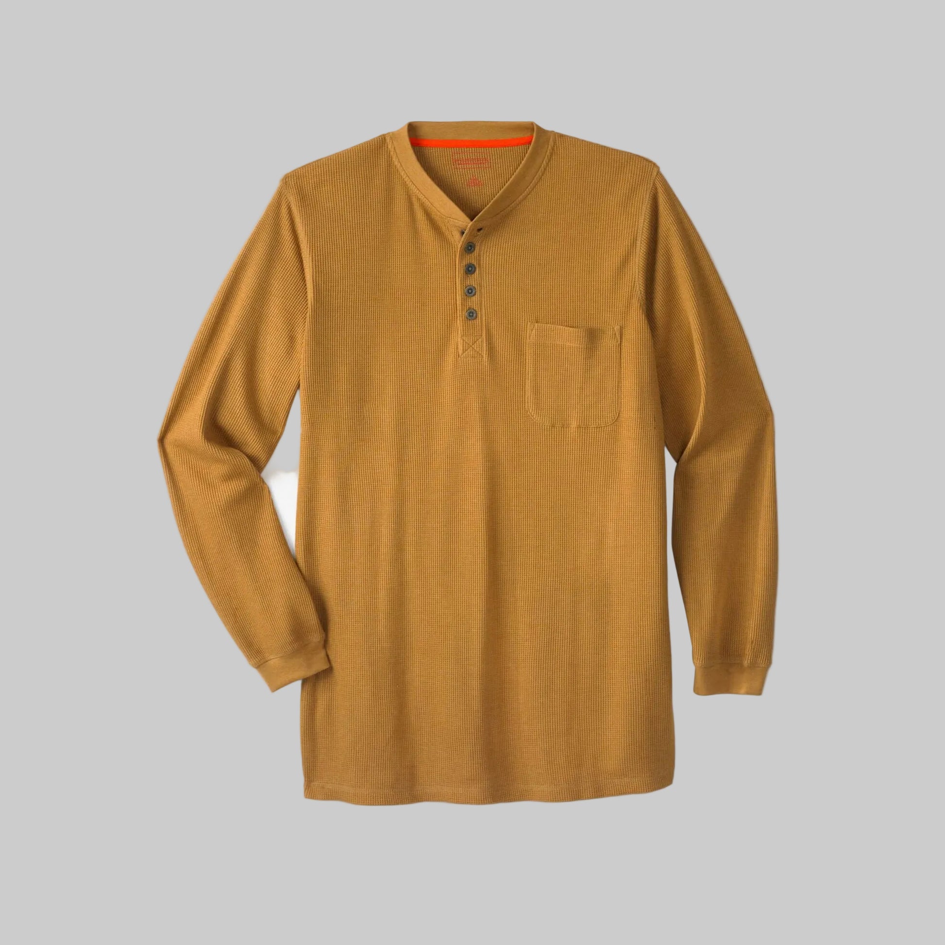 Heather dark khaki thermal henley shirt with relaxed big and tall fit, 4-button placket, chest pocket, and extended length on a plain background.