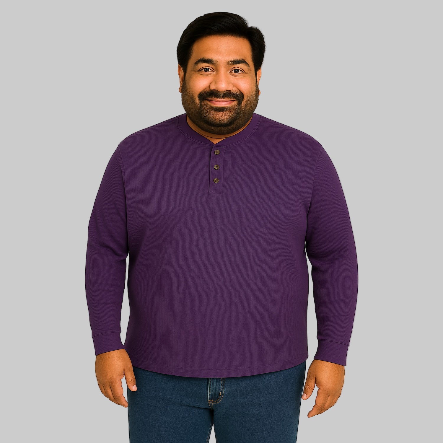 Model wearing heather dark purple waffle-knit thermal Henley tee with ribbed cuffs and five-button placket against a plain white background.