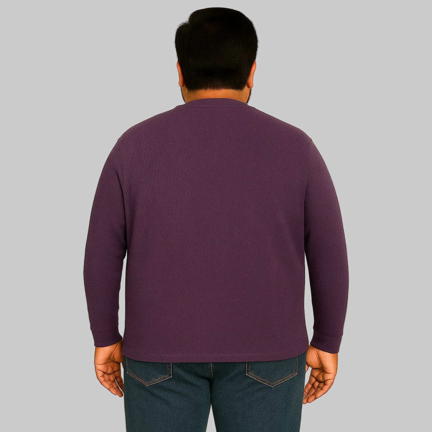 Model wearing heather dark purple waffle-knit thermal Henley tee with ribbed cuffs and five-button placket against a plain white background.