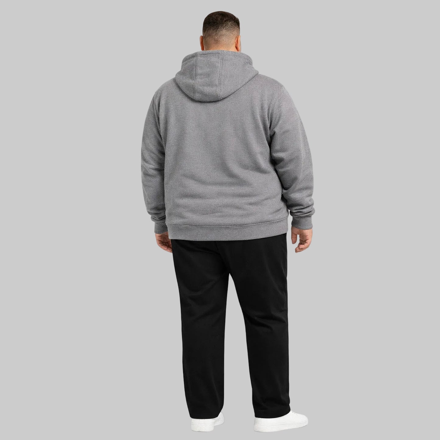Heather grey classic full-zip fleece hoodie worn by plus-size male model