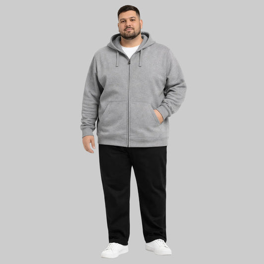 Heather grey classic full-zip fleece hoodie worn by plus-size male model