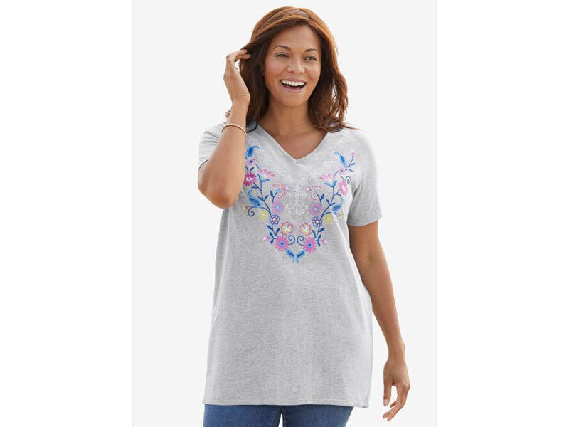 Heather Grey Floral Embroidered V-Neck Tunic PSW-5788