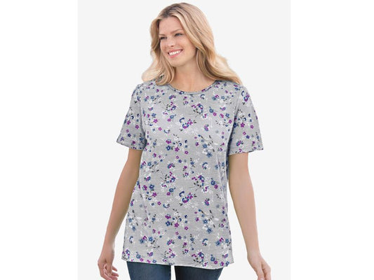 Heather Grey Floral Thermal Short Sleeve Satin Trim T-Shirt PSW-5710