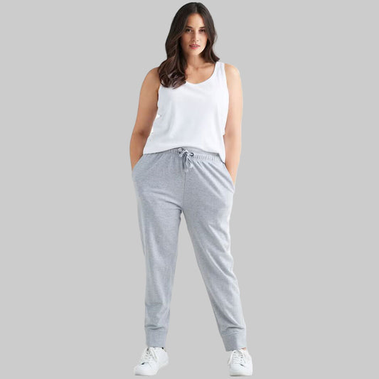 Heather Grey French Terry Joggers with elastic waistband, drawstring, and ribbed cuffs — ankle-length casual joggers for everyday comfort.