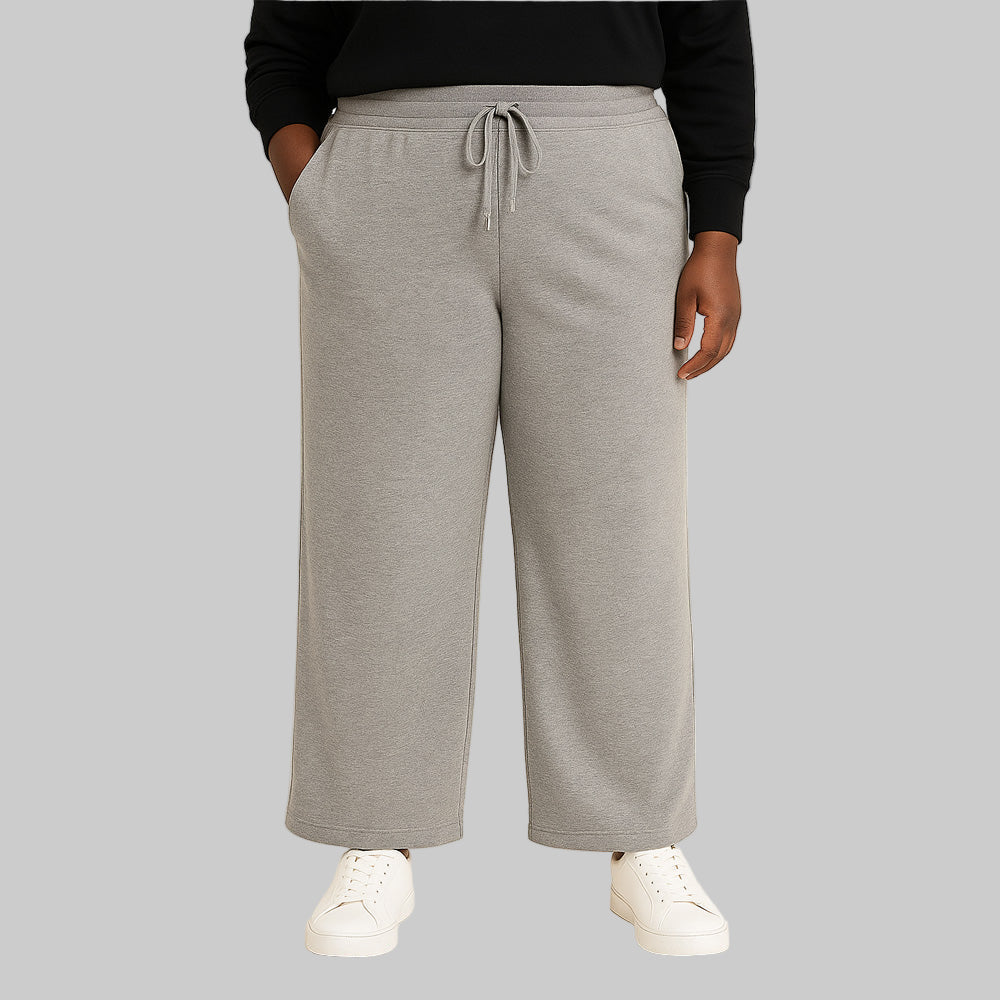 Heather Grey French Terry Wide-Leg Pants with elastic waistband, drawstring, and front pockets — soft, full-length lounge pants for women.
