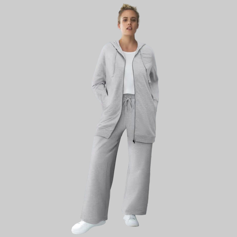 Heather Grey French Terry Wide-Leg Pants with elastic waistband, drawstring, and front pockets — soft, full-length lounge pants for women.