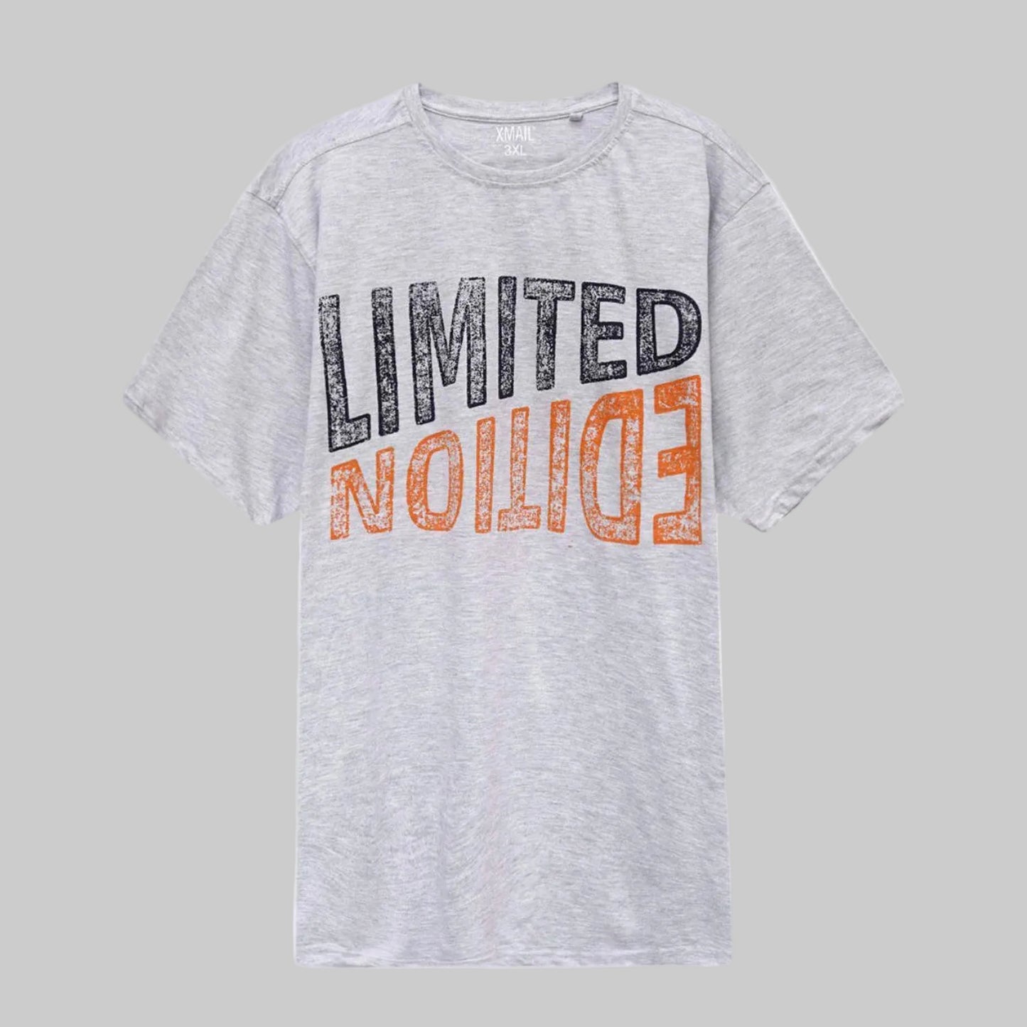 Heather grey limited edition big size crewneck t-shirt worn by a plus-size Pakistani male model in a relaxed fit, front view, studio background