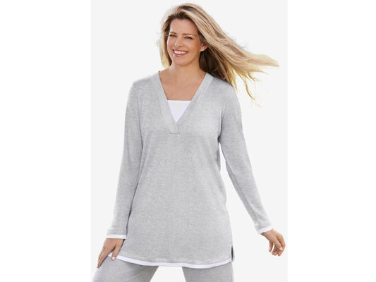 Heather Grey Long-Sleeve Layered-Look V-Neckline Tunic PSW-6322