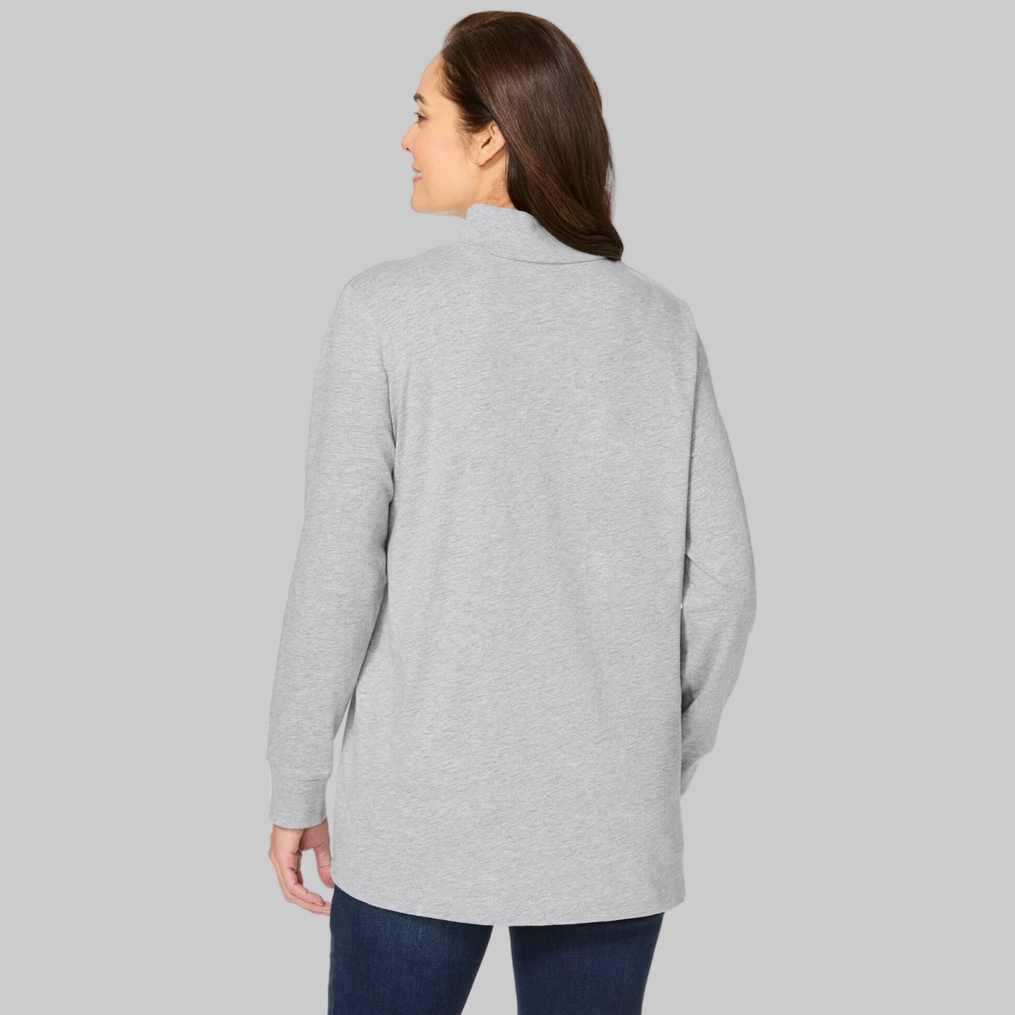 Plus-size woman wearing a heather grey long-sleeve mockneck tee with a relaxed fit, displayed on a white studio background.
