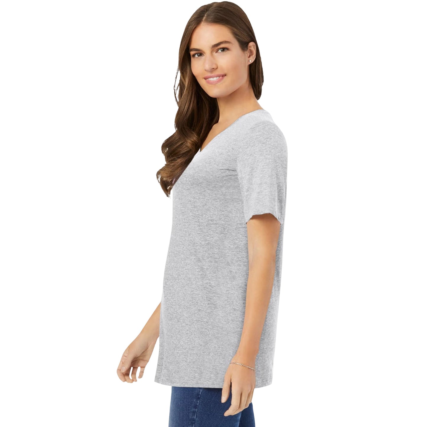Plus-size model wearing Heather Grey Perfect Short-Sleeve V-Neck Tee
