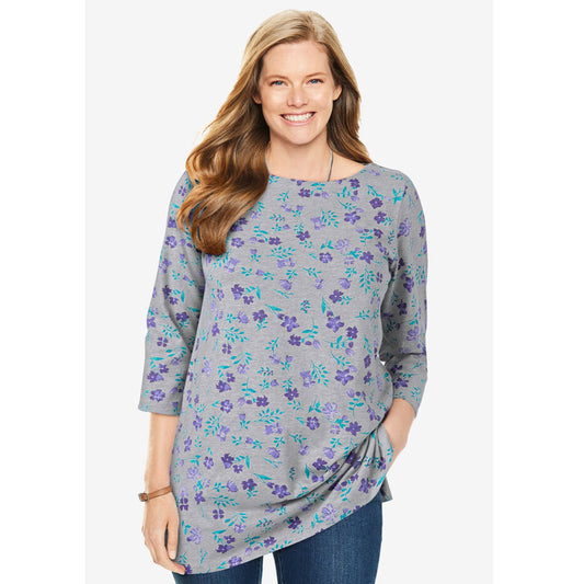 Heather Grey Pretty Floral Perfect Printed Boatneck Tee PSW-8308