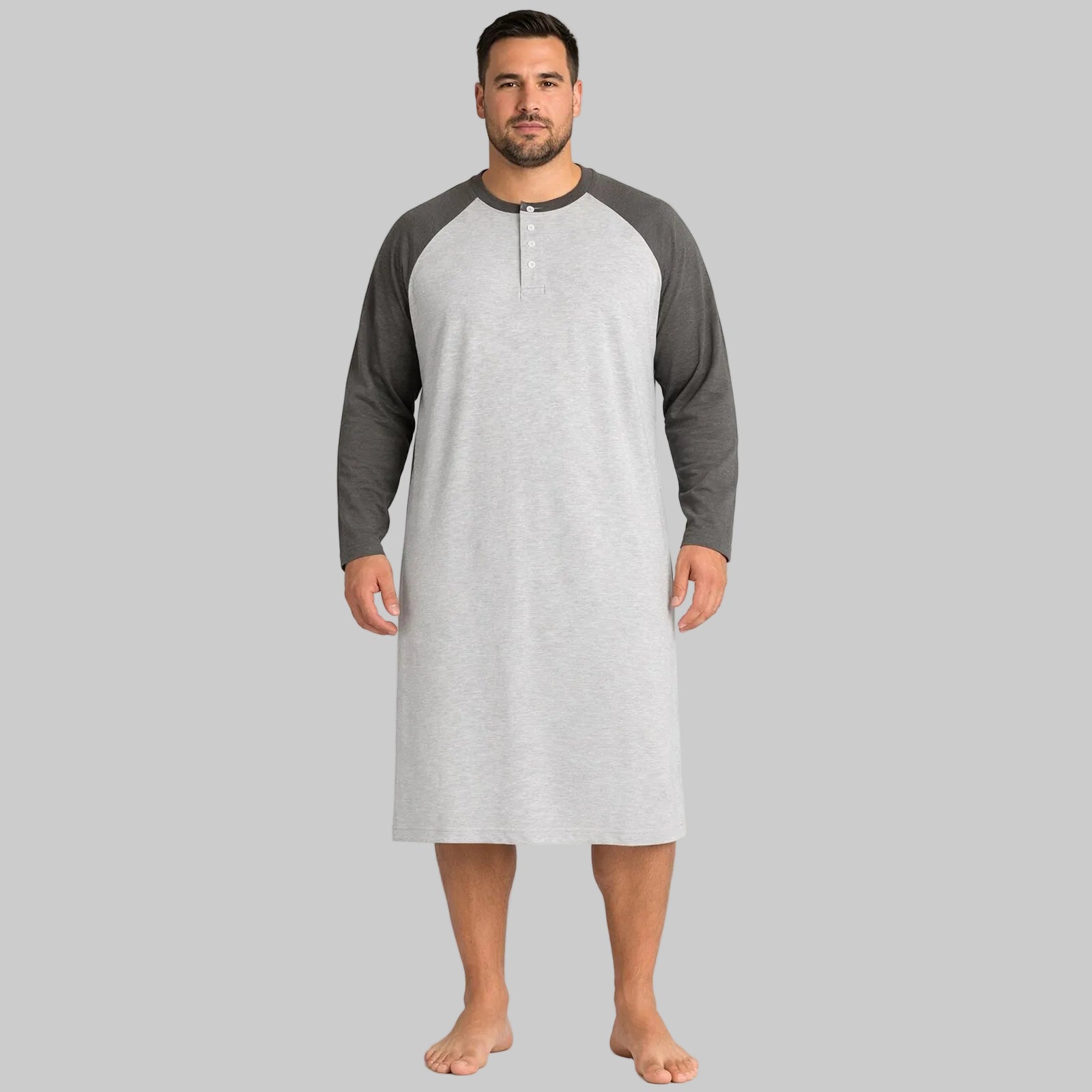 Heather grey raglan sleeve Henley sleep shirt with long sleeves relaxed fit nightshirt