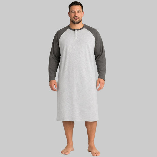 Heather grey raglan sleeve Henley sleep shirt with long sleeves relaxed fit nightshirt